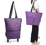 Upgrade Shopping Bag with Wheels Carry on Luggage Bag Reusable Shopping Bags Travel Bags Portable Trolley Bags- Larger Size & Waterproof & Strong(Purple)