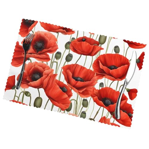 Lot de 6 sets de table en forme de coquelicot rouge. Sets de table résistants à la chaleur pouvant être lavés et réutilisés. Épais et durables, 30 x 45...
