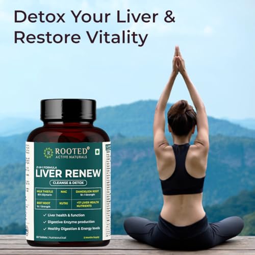 Image of Rooted Active's Liver Detox Supplement with Milk Thistle, N-Acetyl Cysteine, Berberine, Beetroot, Detox & Digestive Enzymes | Fatty Liver Care | Natural Detoxification | Organic | 60 Tablets