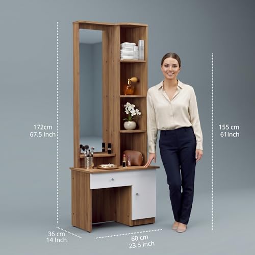 Image of NEUDOT Carlos Wooden Dressing Table with Mirror and Storage | Engineering Wood | Vanity Table with Mirror | Vanity Table for Bedroom, Living Room | 1-Year Warranty, Brown