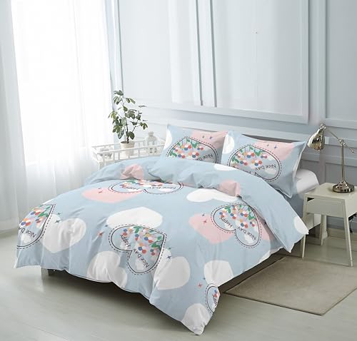 H HANSEL HOME Funda Nordica Cama 90 de 3 Piezas Transpirable Suave al Tacto 100% Microfibra, Funda Edredón 150x220cm, Bajera 90x200cm con 1 Funda de Almohada 50x110cm - Corazón Azul