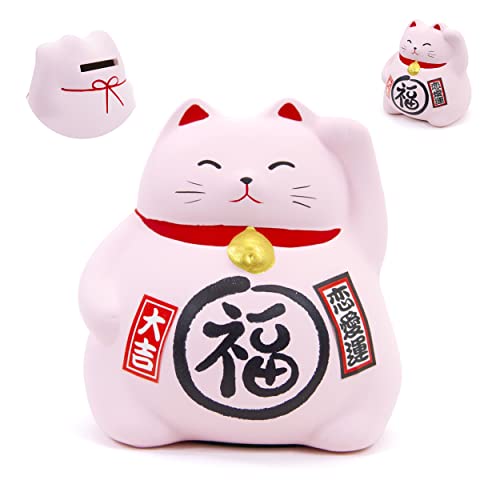 Maneki Neko Chat Japonais Porte-Bonheur avec Patte Levé en Argile, Fabriqué au Japon - Statuette Tirelire de Chance, Prospérité, Richesse, Santé - Lucky...