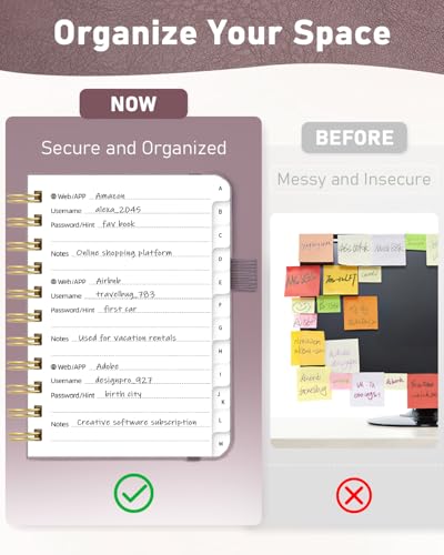 WEMATE Spiral Passwort buch mit alphabetischen Tabs, kleines Passwortbuch für Senioren, Internet-Passwort-Notizbuch Hardcover Passwort Manager Journal Logbuch A6 – 10.5 x 14.8 cm (Staubrosa)