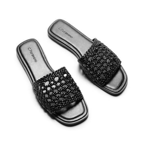 Image of C.Paravano Womens Slides Woven Flats Raffia Sandals Summer Beach Slip ons | handmade woven crafts, Nappa lambskin Insole, Lightweight, Open toe