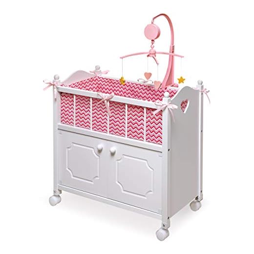 Badger Basket Cabinet Doll Crib with Chevron Bedding, Musical Mobile, Wheels, and Free Personalization Kit (fits American Girl Dolls)