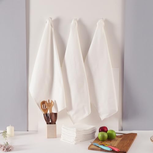 Image of TARAN LIVING Kitchen Towels 100% Cotton Solid Kitchen Dish Cloths, Valentine Decor Hand Towel Reusuable Dish Towel for Cleaning & Drying Tea Towels Set with Hanging Loop - 18 inchx 28 inch, Pack of 6 - White