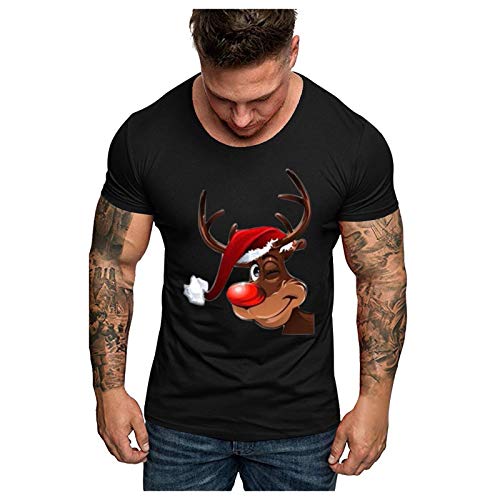 BBVP Herren Weihnachten Shirt Weihnachtspullover T-Shirts Elegant Pulli Kleidung Geschenk für Männer Kurzgarm Christmas Casual Lustig Sweatshirt Kurzarm Tops Weihnachten Party, A-schwarz, 4XL Cover