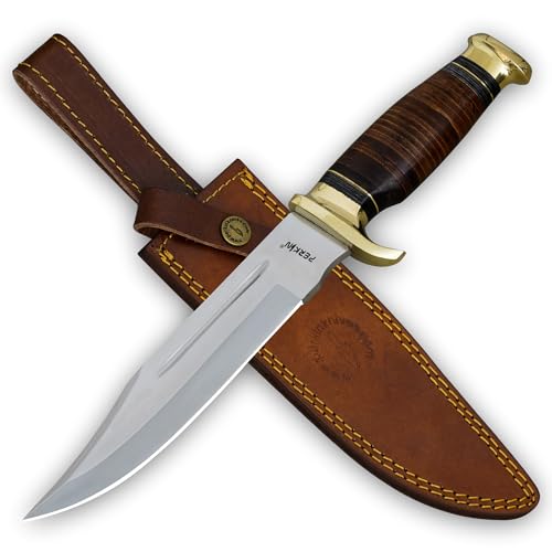 Hunting Knife with Sheath - 12.5' Fixed Blade Knife with Leather Handle & Sheath - 59-60 HRC Rated &...