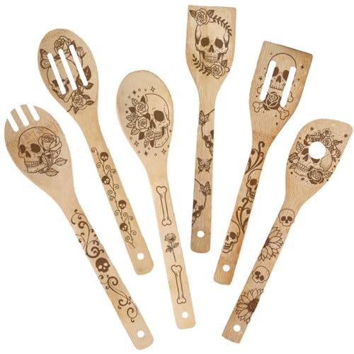 PRESSINART 6 Stück 6 Styles Totenkopf Kochutensilien Bambus Küchenlöffel 2 4 x 11 8 Zoll Robustes Holzlöffel Set Für Männer Frauen Freunde Halloween Einweihung Geburtstag Geschenk Hochzeit Küchen