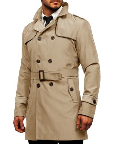 Runcati Trench pour homme Coupe ajustée Double boutonnage Manteau mi-long classique Business Casual Manteau automne coupe-vent, kaki, XL