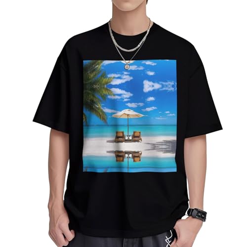 T-shirt manches courtes homme blanc col rond coupe droite imprimé plage tropicale