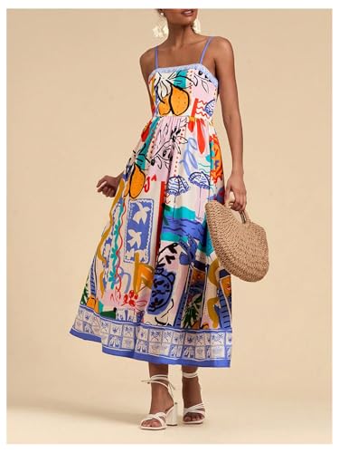 Image of WDIRARA Women's Boho Floral Sleeveless Ruffle Maxi Dress Tropical Graphic Tie Shoulder Smocked Cami Dresses