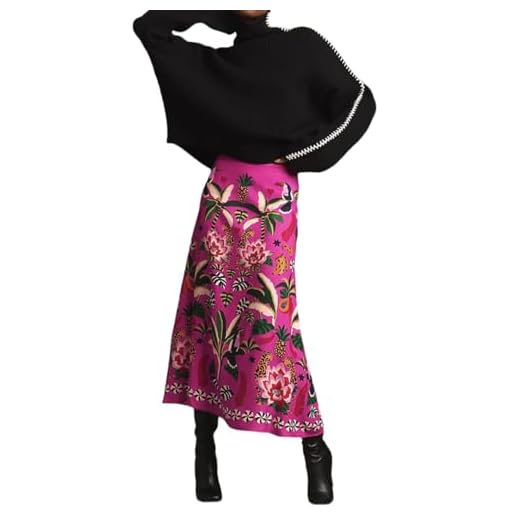 THLAI Womens Skirt Midi Skirt Tropical Plant Print Pink Zipper A-Line Long Skirts Spring Summer Skirt Floral