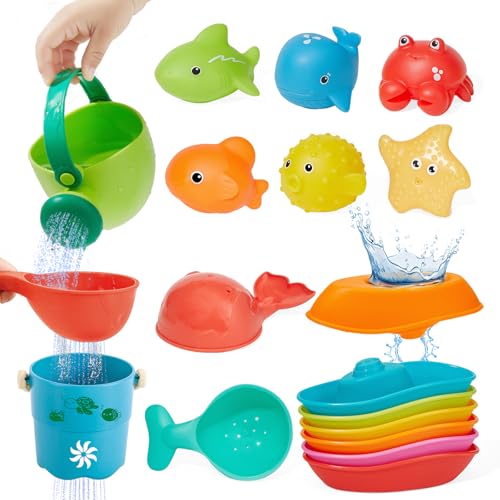 Baby Bath Toys for Kids Ages 1-3, 16PCS | Easy Clean Mold Free Bath Toys Toddlers 2-4 | Bathtub Pool Water Table Toys for Babies & Toddlers | Bath Boats Spoons Bucket Watering Can Tub Toy for Toddlers