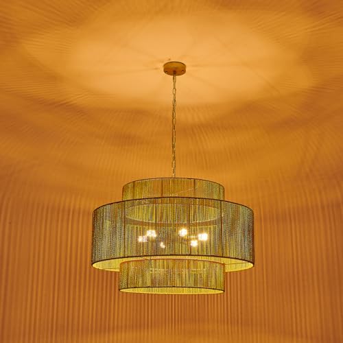 Image of 30.7in Large Rattan Chandeliers, 3-Tier Woven Boho Pendant Lights, Hemp Rope Hanging Ceiling Light, Wicker Lighting Fixture for Living Room, Dining Room, Bedroom, Kitchen Island