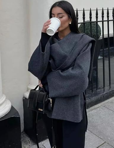 Kissonic Women's Oversized Scarf Jacket Shawl Wraps Knit Long Sleeve Button Winter Peacoat(Grey-M)2