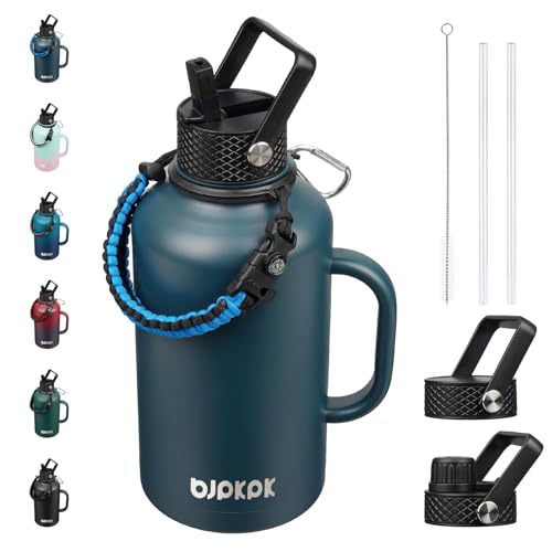Image of BJPKPK Half Gallon Insulated Water Bottles with Straw Lid & Side Handle, 64oz Large, Stainless Steel Water Bottles with 3 Lids and Paracord Strap, Metal Water Jug,Navy Blue