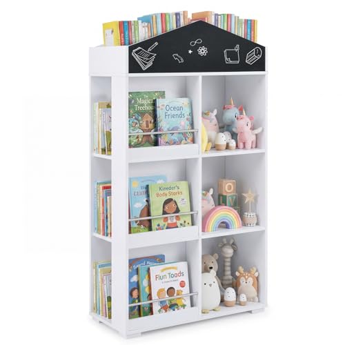 COSTWAY Estantería Infantil en Forma de Casa, Librería para Niños con Compartimentos, Pizarra y Kit Antivuelco, Armario Organizador de Juguetes de Madera para Libros Muñecas Sala de Juegos Guardería