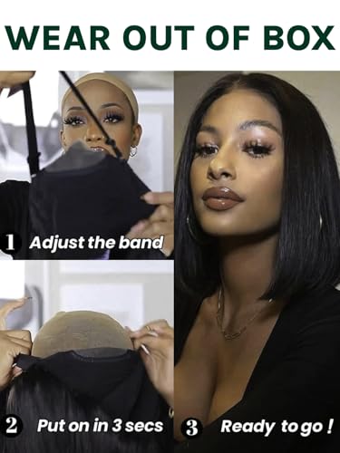 Image of KLAIYI Yaki Straight Bob Wig Bye Bye Knots Glueless Pre Everything 13x4 Lace Frontal Wigs Human Hair Pre Cut Pre Plucked Pre Bleached Put On and Go Wigs for Beginners 30S Easy to Wear Kinky Wig 12Inch