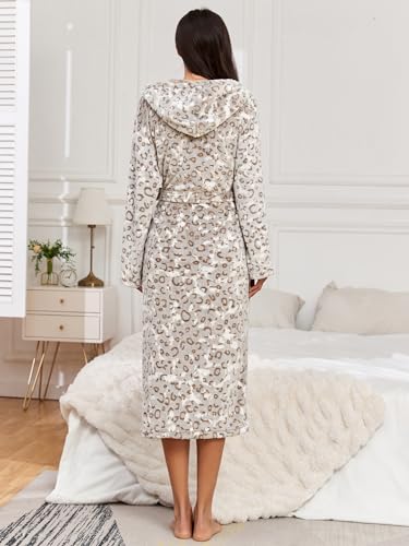 Image of RONGTAI Womens Robes Plush Fleece Hooded Bathrobe Thick Nightgown with Pockets Fluffy Sleepwear (US, Alpha, Small, Plus, Long, Brown Leopard)