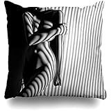 Throw Pillow Covers Erotic Nude Black White Line Zebra Sensuality Body Sensual Sexy Perfect Art Home Decor Pillow Case Square Size 18 x 18 Inches Zippered Pillowcase