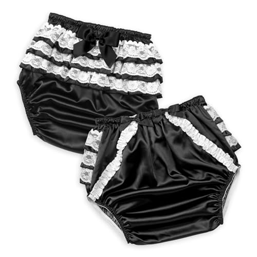 Image of Littleforbig Washable Reusable Waterproof Ruffled Lace Bow Pretty in Black Satin Over Adult Diaper Cover XXL