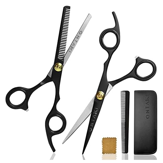ONTAKI Hair Cutting Scissors Thinning Shears Kit - 7” Overall Length Professional Hair Scissors Set - Japanese Steel Hair Shears with 1 Comb & Pouch - Razor Edge Barber Scissors for Men & Women Black
