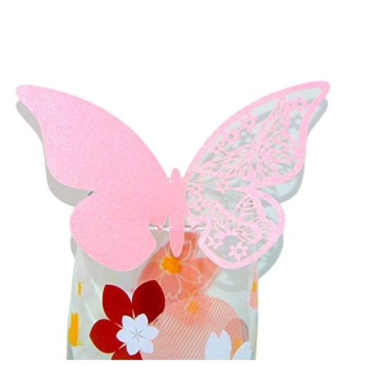 50 pcs mariposa Shimmer cortado con láser diseño copa de vino nombre tarjetas de lugar para bodas Decoración 10.4 x 7 x 1.8 cm rosa