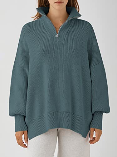 Image of ANRABESS Womens Oversized Quarter Zip Pullover Sweaters | Fall Fashion Outfits, Long Sleeve Slit Side, Baggy Loose Fit, 1 /4 Zip Lapel Collared, Ribbed Knit Soft Warm Winter Clothing