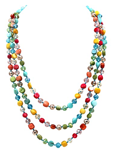 Jules D. 3 Layers Beads Necklaces For Women Girls With Blue Green Turquoise Shell Crystal Beads Rope Knot Costume Jewelry For Gifts (Multi) #TOP6