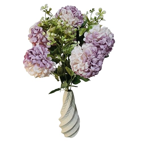 Image of Premium Combo Artificial Hydrangea Flower Bouquet with Designer Ceramic Vase | 7 Heads Snowflake Fabric Real Touch Flowers | Luxury Home Decor for Living Room(ND-14)