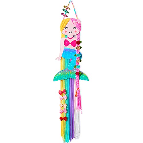 Pink Dino Bow Holder Organizer for Girls Hair Bows Mermaid Hair Clip Holder Felt Headband Storage Yarn Tassels Bow Hanger for Hair Accessories Mermaid Party Decorations