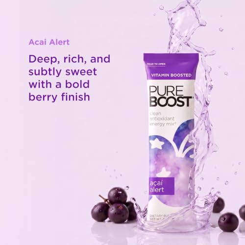 Image of Pureboost Sugar-Free Clean Energy Booster, Acai Alert 10 Count, Refreshing Energy Drink Mix with B12 Vitamins, Electrolytes, Antioxidants, No Sucralose