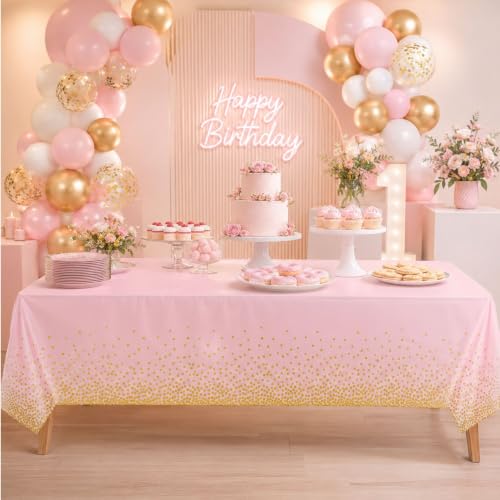 Image of Blue Orchards Pink and Gold Dots Table Cover (Pack of 3 with 20 glue dots) - 54 inchx108 inch XL - Baby and Bridal Shower Disposable Tablecloth, Wedding, Graduation Decoration, Picnic, Birthday Party Supplies