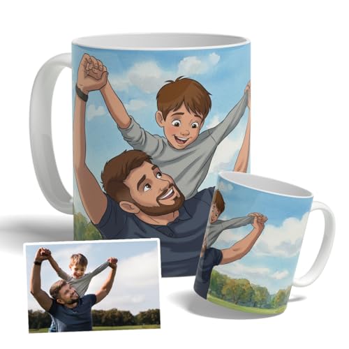 DEREGALOOS Taza Personalizada para Padres con Foto. Regalo Original Día del Padre Estilo Cómic y Dibujo Cartoon. Taza de Desayuno para Papá y Abuelos. Cerámica 330ml