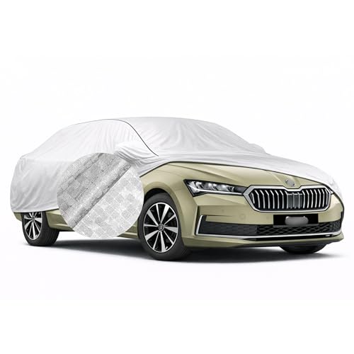 Image of SEAZEN Waterproof Car Cover for Skoda Superb | Dustproof, UV & Scratch Resistant Soft Cotton Lining | Triple Stitched, Mirror Pockets & Elastic Hem | Metallic Silver with Black Piping