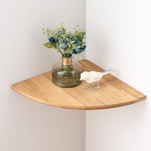 Image of Corner Shelf, Solid Oak Wood Floating Corner Shelf Wall Mount Round End Floating Speaker with Wire Hole for Small Plant Photo for Bedroom Kitchen, Living Room