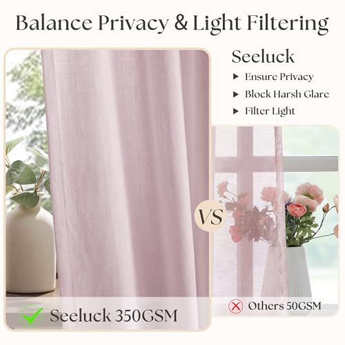 Image of Light Pink Pinch Pleated Semi Sheer Curtains 84 Inch Long for Girls Bedroom | Living Room Nursery, Soft Thick Flax Linen Textured, Boho, Hook Rings Memory Shape, Dusty Pink, Light Filtering Semi Sheer