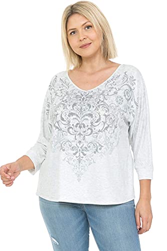 LEEBE Plus V 3/4 Sleeve Print Top (1X-5X) (Silver Paisley/Lt.Grey 4X)