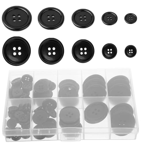 Black Button Assortment Kit 100PCS 4-Hole Round Resin Buttons in 5 Sizes with Storage Box for Sewing DIY Crafts Durable Washable Multi-Size Button Set