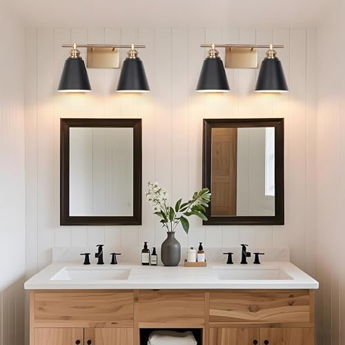Image of 16-Inch 2-Light Black and Gold Farmhouse Bathroom Vanity Light | Metal shades, white interiors, 2 E26 sockets (60W max, no bulbs), dimmable, ETL listed, hardware, for mirror & bedroom