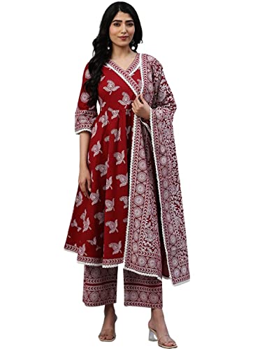 Image of Amayra Women's Rayon Printed Maroon Anarkali Kurta with Palazzos and Dupatta Set