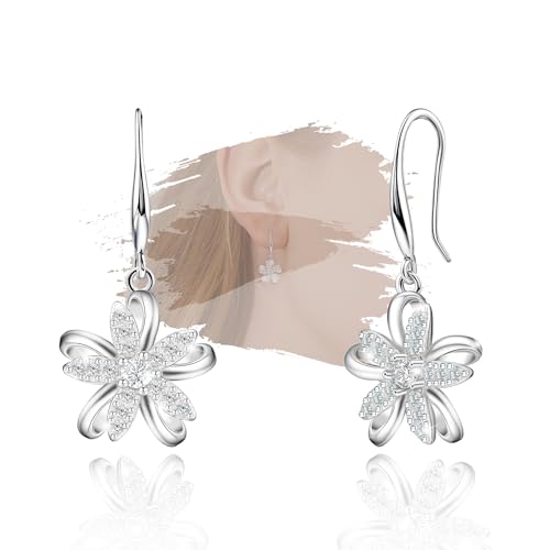Sterling Silver Flower Earrings for Women - Sparkle Cubic Zirconia Flower Drop Dangle Earrings for Sensitive Ears Hypoallergenic Lightweight Dainty Floral Dangling Earring Jewelry Gifts for Her