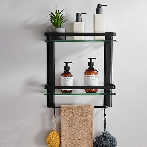 Bathroom Shelving Solution, Bathroom Shelves Wall Mounted, Rectangular Tempered Glass Shelf with Towel Bar, Shower Storage Organizer, Heavy Duty (2 Tier, Black)