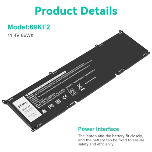 Image of 69KF2 6-Cell 86Wh 11.4V Battery Replacement for Dell XPS 15 9500 9510 9520 G15 5510 5511 5515 5520 5521 Precision G5 G7 G16 M15 R3 R4 R5 R6 R7 M17 R3 R4 Inspiron 7510 7610 7620 P87F P91F 8FCTC