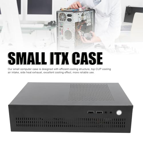 Gabinete pequeño para PC con placa de acero, soporte para motherboard Mini-ITX, ventilación eficiente con refrigeración por aire, y puertos USB 2.0 miniatura 2