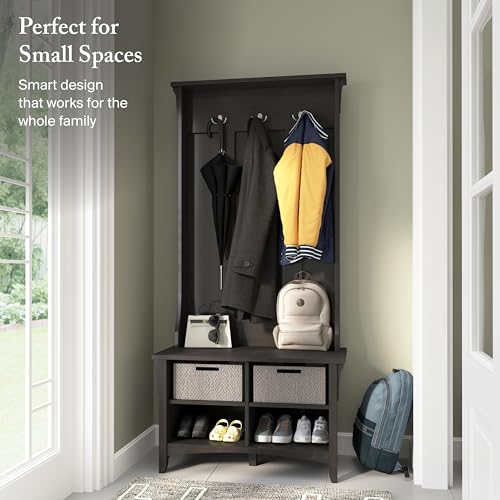 Image of Bush Home Salinas Hall Tree with Shoe Storage Bench in Vintage Black, Multi-Purpose Home Organizer, Entryway Solution with Seating and Hooks