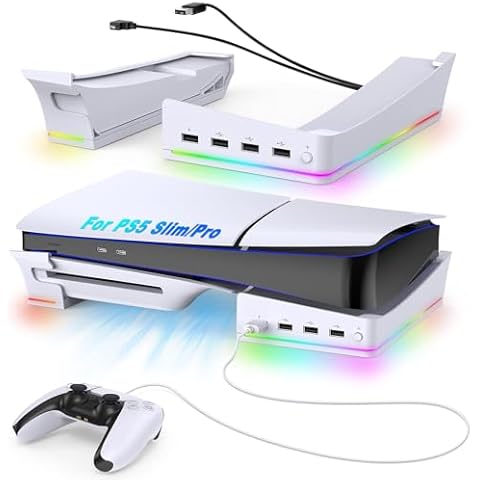 Auarte RGB Horizontal Stand for PS5 Pro / Slim Console Accessories with 14 Light Mode and 4 USB Hubs, Side Stand for Playstation 5 Pro Slim Disc & Digital, Base Holder with Controller Charging, White Cover