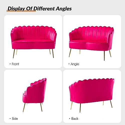 Image of HULALA HOME Modern Velvet Loveseat Sofa with Flower Shaped Back, Comfy Upholstered 2-Seater Sofa with Gold Metal Legs, Small Love Seat Accent Couch for Living Bedroom Leisure Areas, Fushia