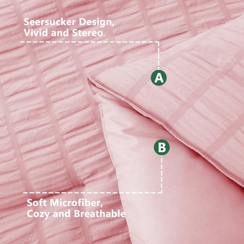 Image of HIMEET California King Comforter Set- 7 Pieces Seersucker Bed in a Bag, Boho Bedding Sets for Bedroom Decor, All Season Home Essential Bed Set with Comforter, Sheets, Pillowcases & Shams, Pink